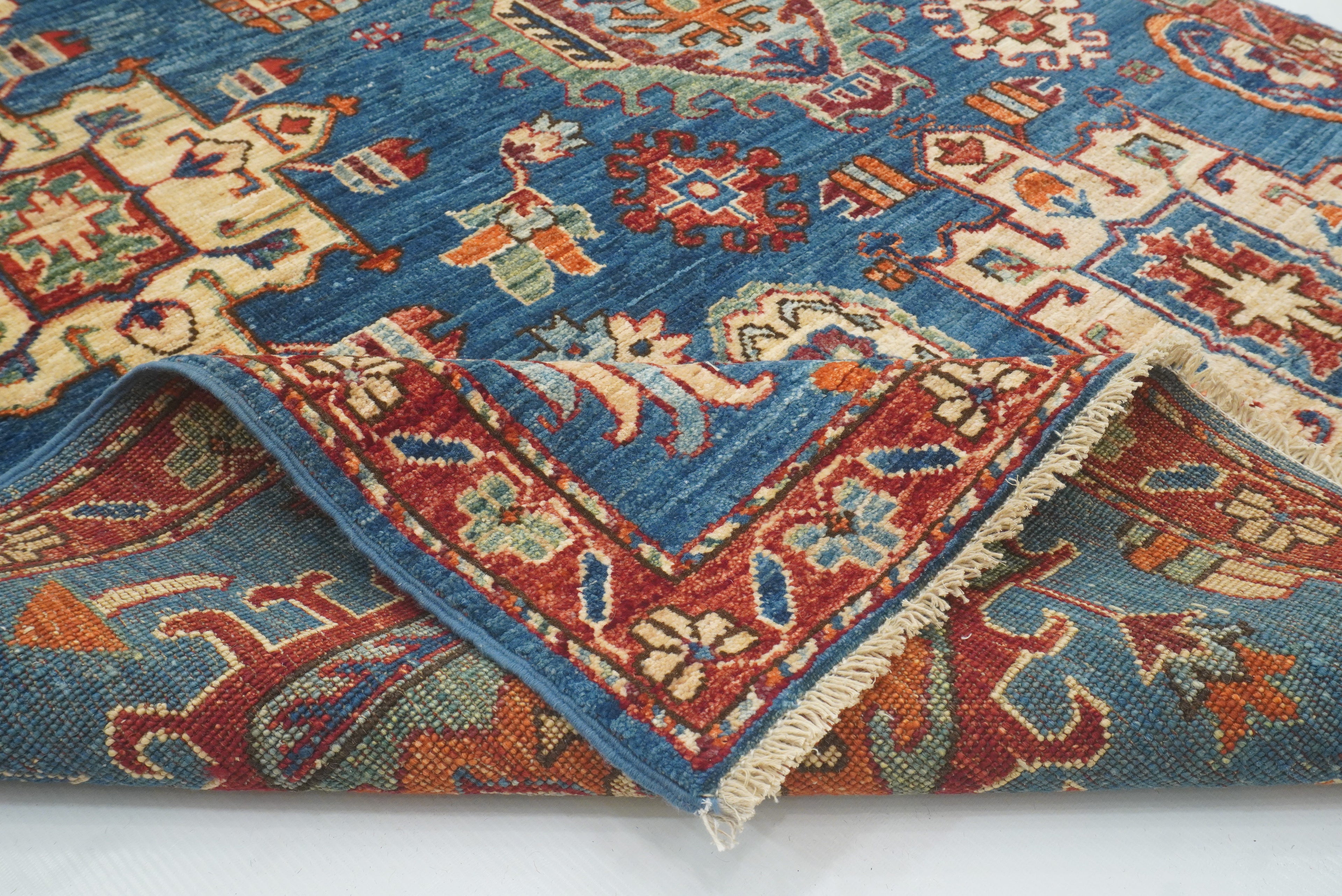 4x6 Blue Karaja Afghan Hand-Knotted Wool Oriental Rug - Yildiz Rugs