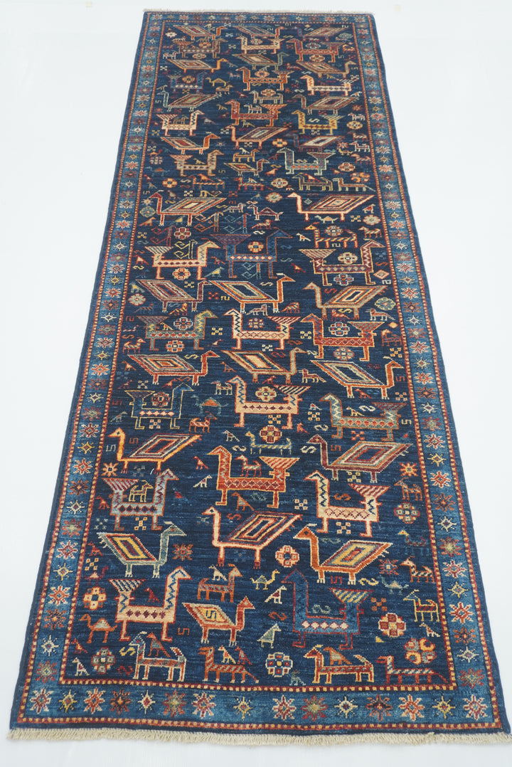 8 ft Navy Blue Gabbeh Afghan Hand-Knotted Animal Runner Rug - Yildiz Rugs