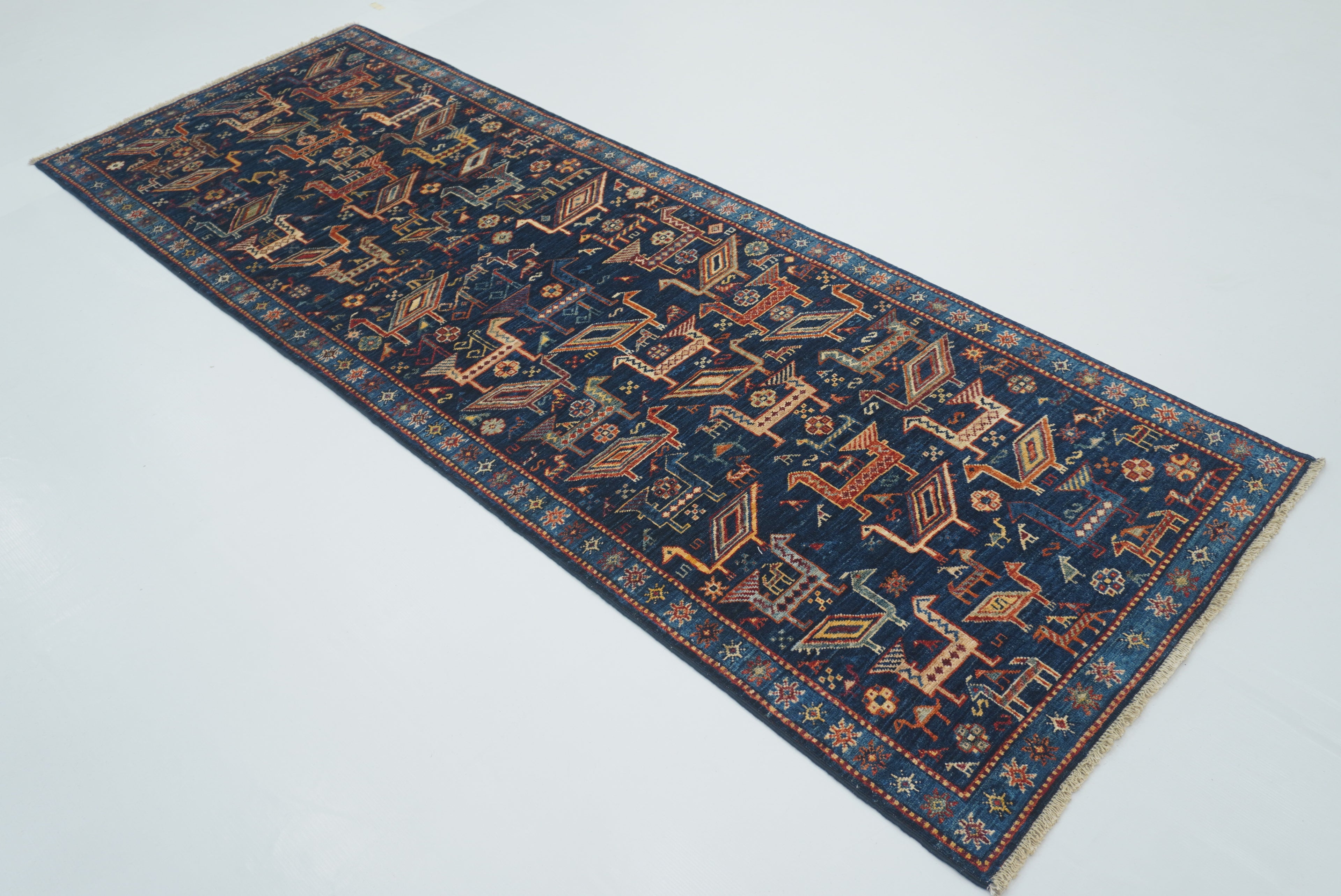 8 ft Navy Blue Gabbeh Afghan Hand-Knotted Animal Runner Rug - Yildiz Rugs
