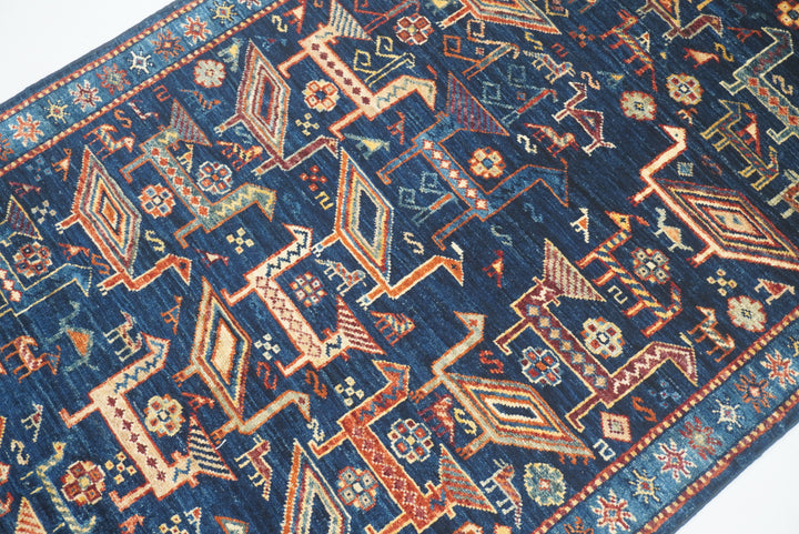 8 ft Navy Blue Gabbeh Afghan Hand-Knotted Animal Runner Rug - Yildiz Rugs