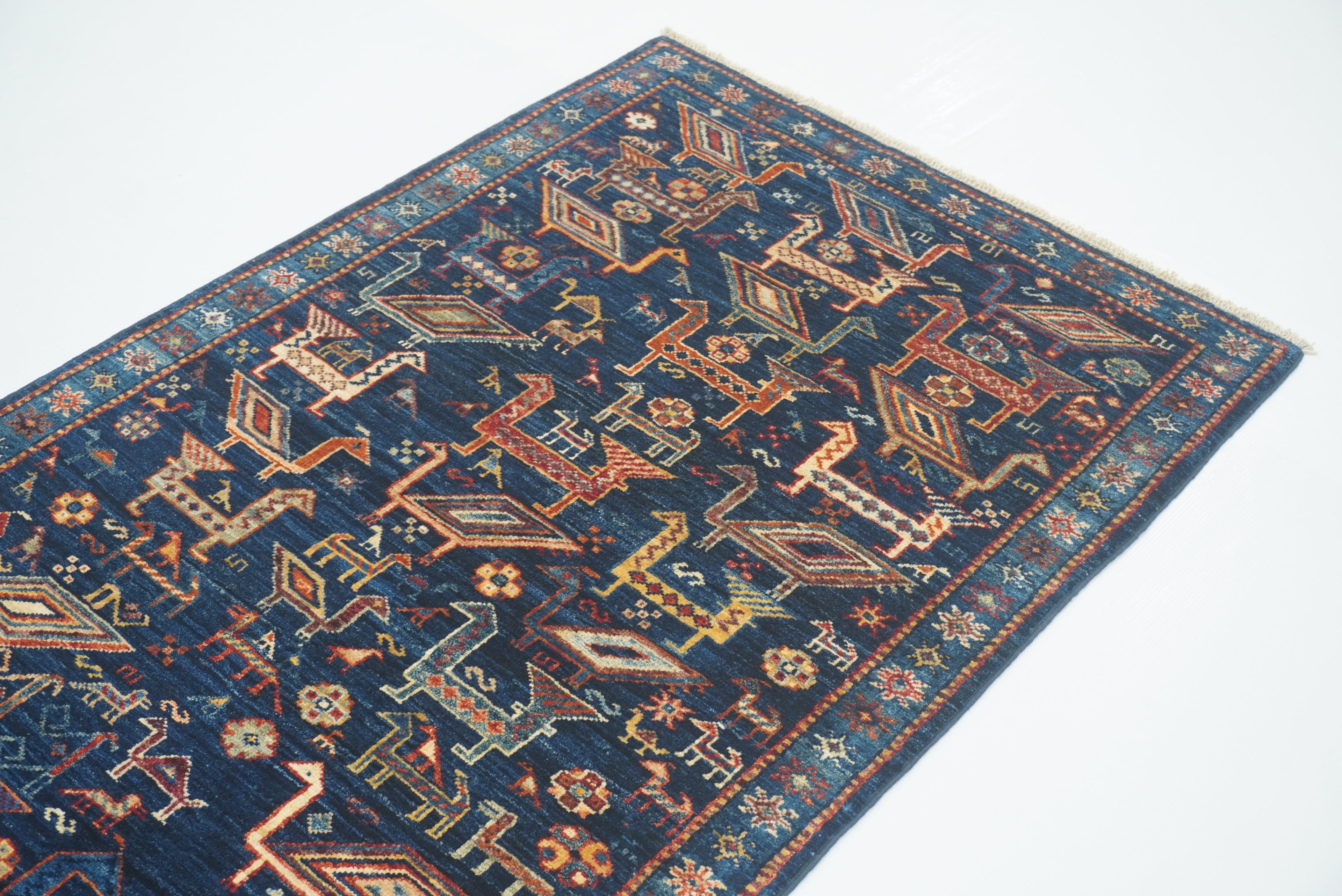 8 ft Navy Blue Gabbeh Afghan Hand-Knotted Animal Runner Rug - Yildiz Rugs