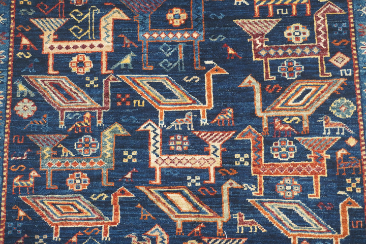 8 ft Navy Blue Gabbeh Afghan Hand-Knotted Animal Runner Rug - Yildiz Rugs