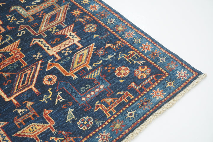 8 ft Navy Blue Gabbeh Afghan Hand-Knotted Animal Runner Rug - Yildiz Rugs