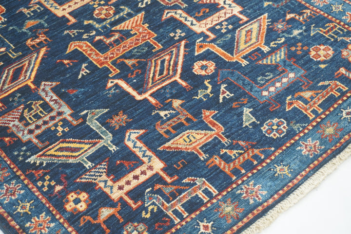 8 ft Navy Blue Gabbeh Afghan Hand-Knotted Animal Runner Rug - Yildiz Rugs