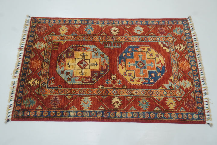 3x4 Red Ersari Hand Knotted Afghan Wool Oriental Rug - Yildiz Rugs