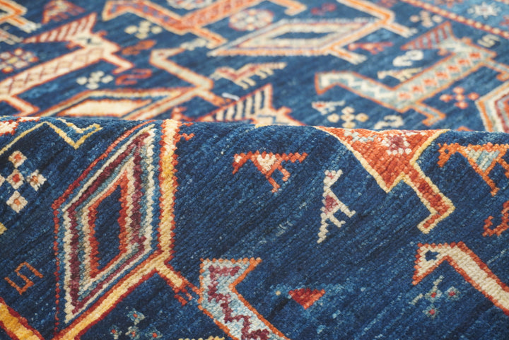 8 ft Navy Blue Gabbeh Afghan Hand-Knotted Animal Runner Rug - Yildiz Rugs