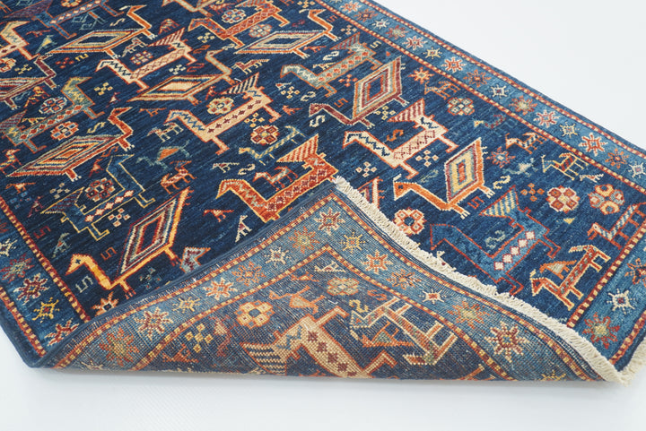 8 ft Navy Blue Gabbeh Afghan Hand-Knotted Animal Runner Rug - Yildiz Rugs