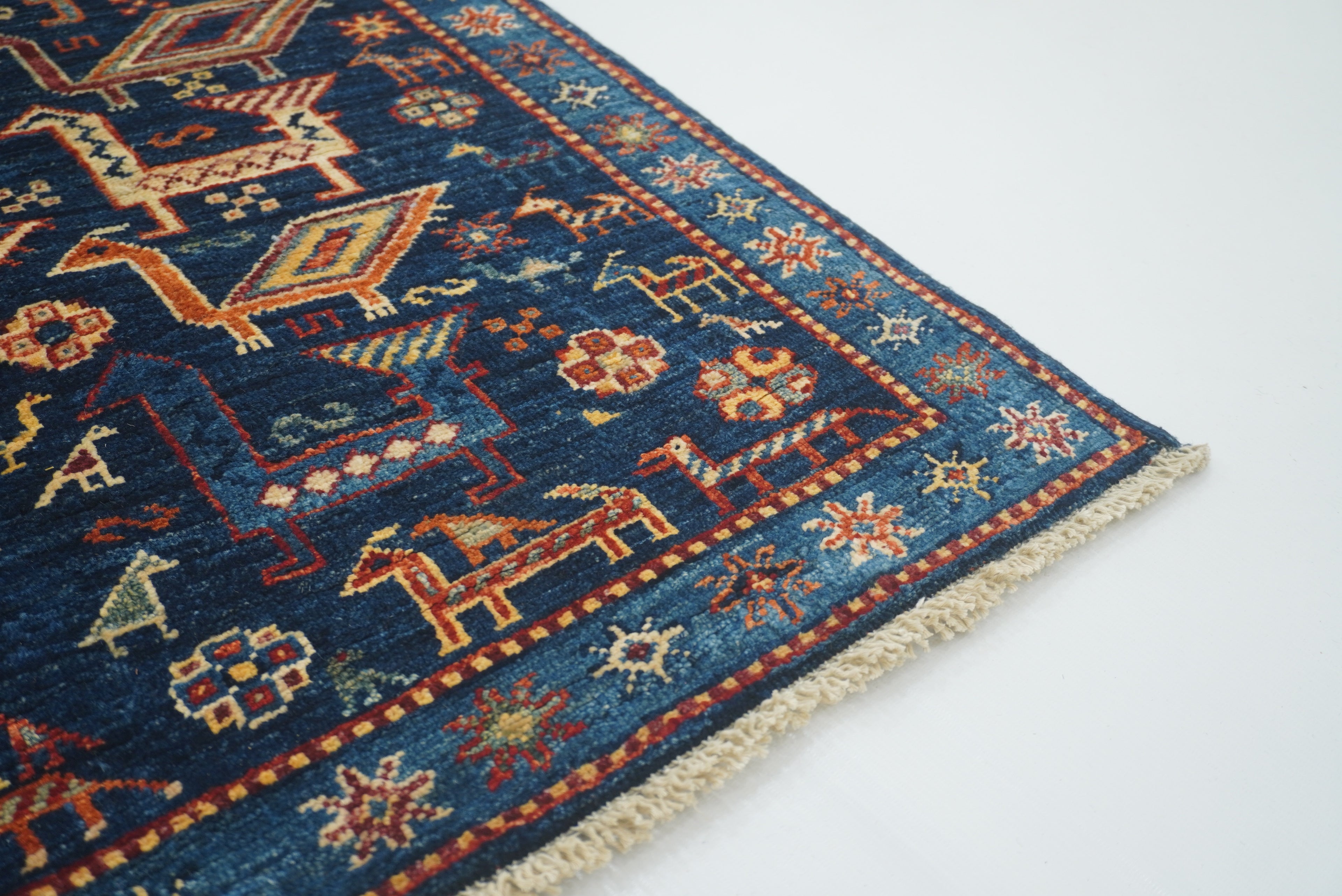 8 ft Navy Blue Gabbeh Afghan Hand-Knotted Animal Runner Rug - Yildiz Rugs