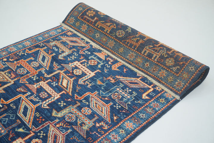 8 ft Navy Blue Gabbeh Afghan Hand-Knotted Animal Runner Rug - Yildiz Rugs
