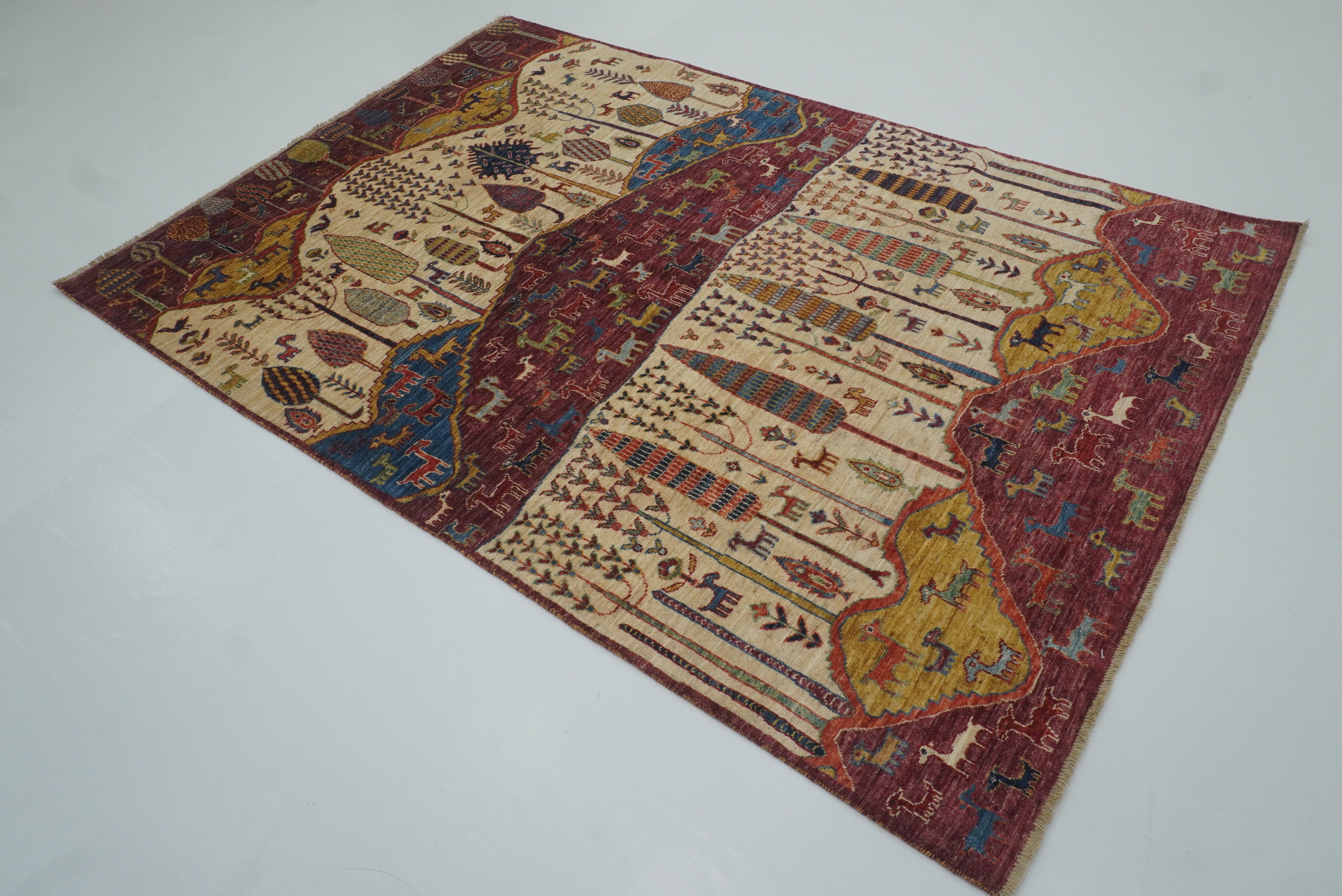 5'5"x8' Gabbeh Burgundy Hand-Knotted Afghan Wool Tree of Life Rug - Yildiz Rugs