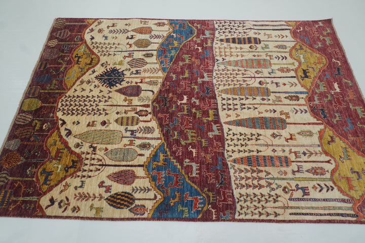 5'5"x8' Gabbeh Burgundy Hand-Knotted Afghan Wool Tree of Life Rug - Yildiz Rugs