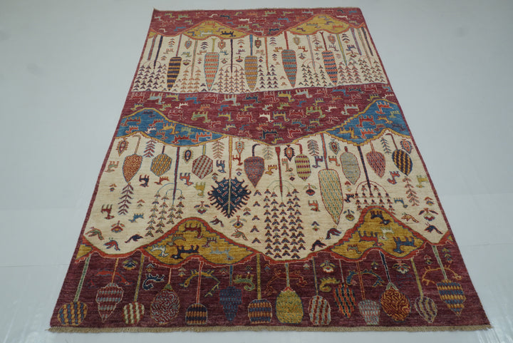 5'5"x8' Gabbeh Burgundy Hand-Knotted Afghan Wool Tree of Life Rug - Yildiz Rugs