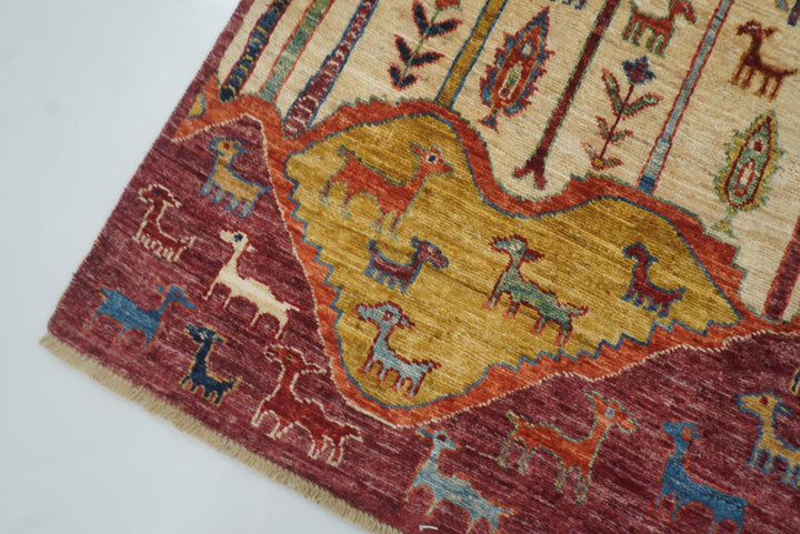 5'5"x8' Gabbeh Burgundy Hand-Knotted Afghan Wool Tree of Life Rug - Yildiz Rugs