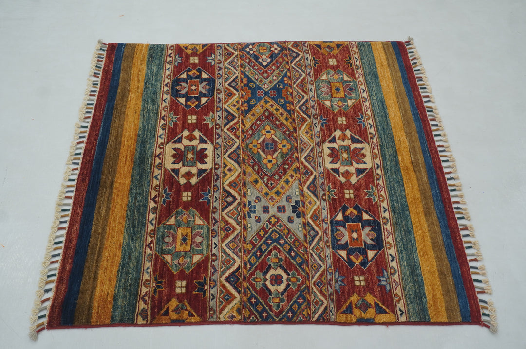 3x3 Red Tribal Square Afghan Rug