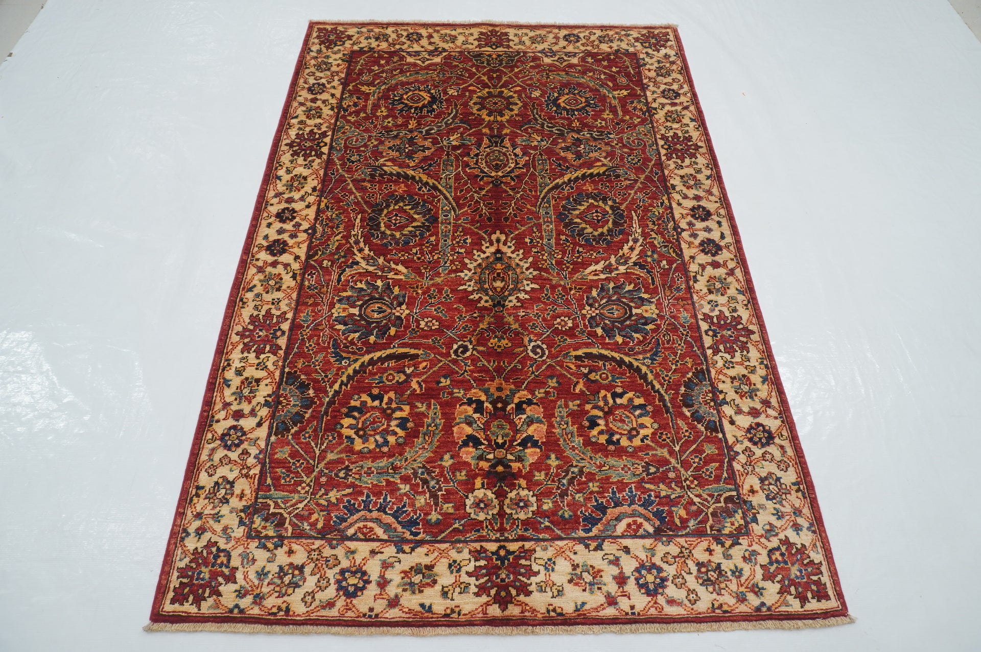 4x6 Red Sickle Leaf Afghan Hand Knotted Oriental Rug - Yildiz Rugs