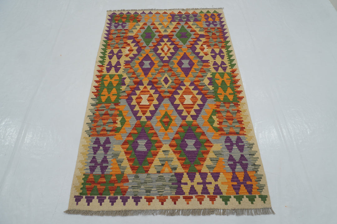 3x5 Purple Afghan  Hand woven Geometric Kilim Rug - Yildiz Rugs