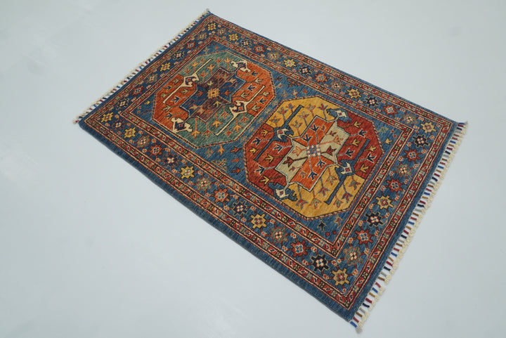 3x4 Blue Afghan Ersari Hand-Knotted Wool Oriental Rug - Yildiz Rugs