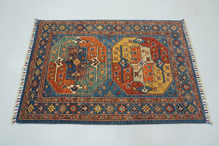 3x4 Blue Afghan Ersari Hand-Knotted Wool Oriental Rug - Yildiz Rugs