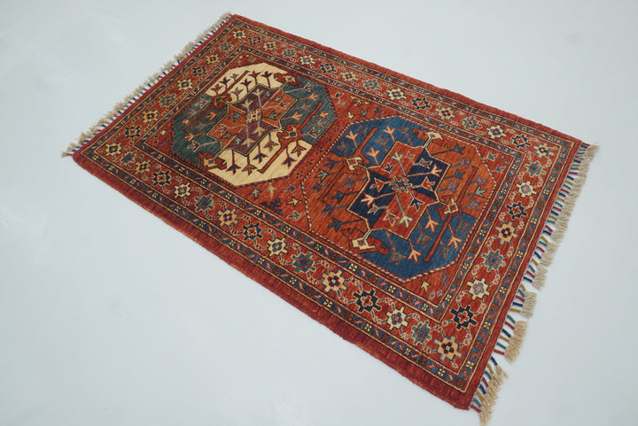 3x4 Red Ersari Hand Knotted Afghan Wool Oriental Rug - Yildiz Rugs