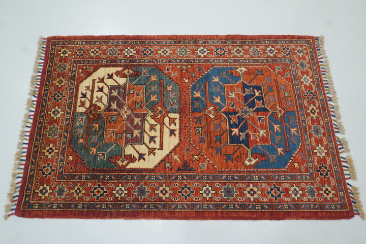 3x4 Red Ersari Hand Knotted Afghan Wool Oriental Rug - Yildiz Rugs
