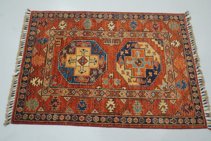 3x4 Red Ersari Hand Knotted Afghan Wool Oriental Rug - Yildiz Rugs