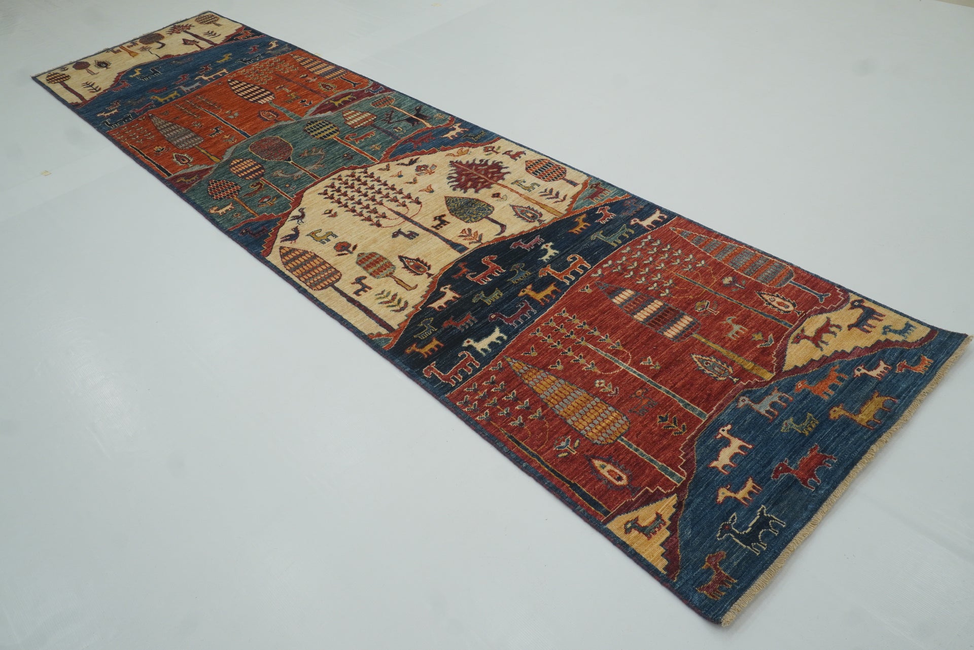 12 ft Blue Gabbeh Afghan Hand-Knotted Landscape Runner Rug - Yildiz Rugs