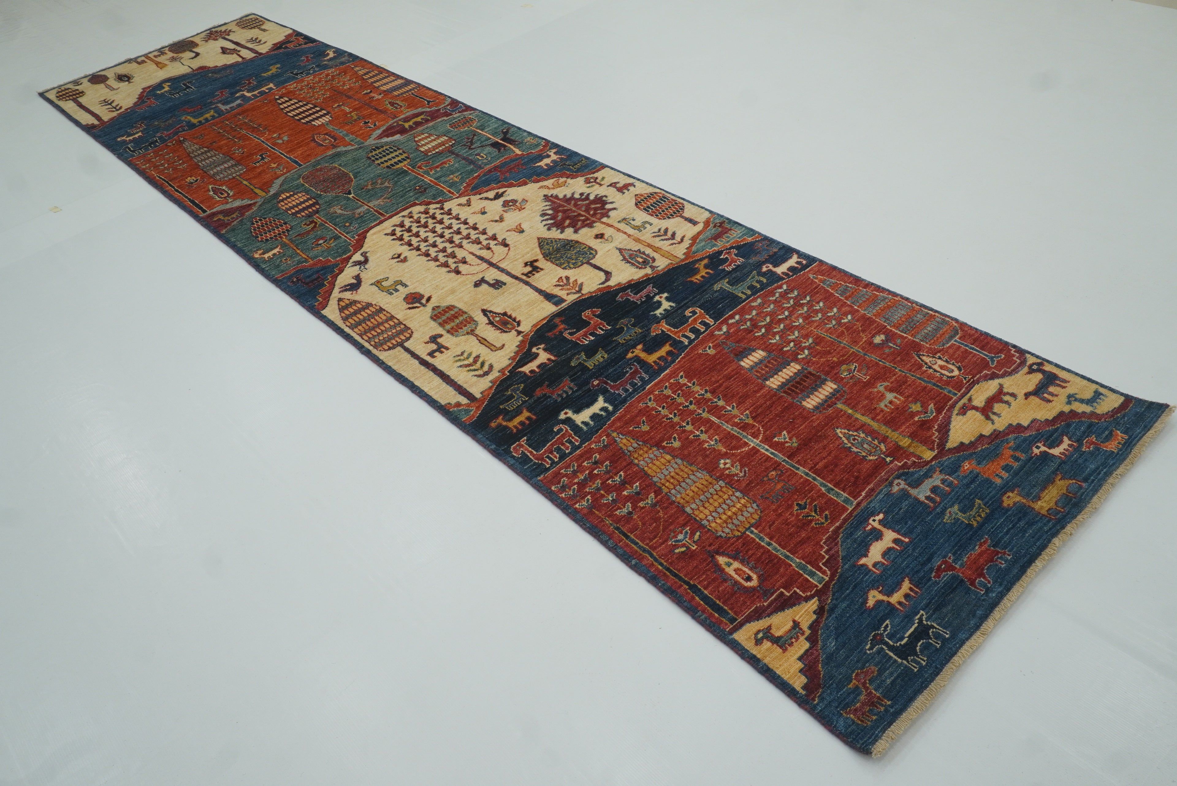 12 ft Blue Gabbeh Afghan Hand-Knotted Landscape Runner Rug - Yildiz Rugs