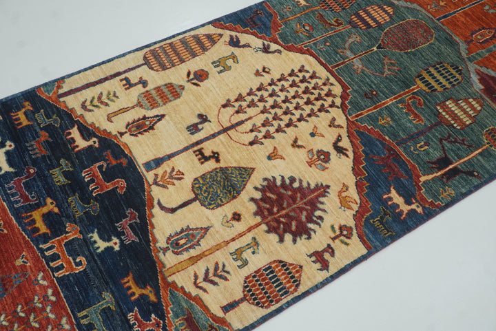 12 ft Blue Gabbeh Afghan Hand-Knotted Landscape Runner Rug - Yildiz Rugs