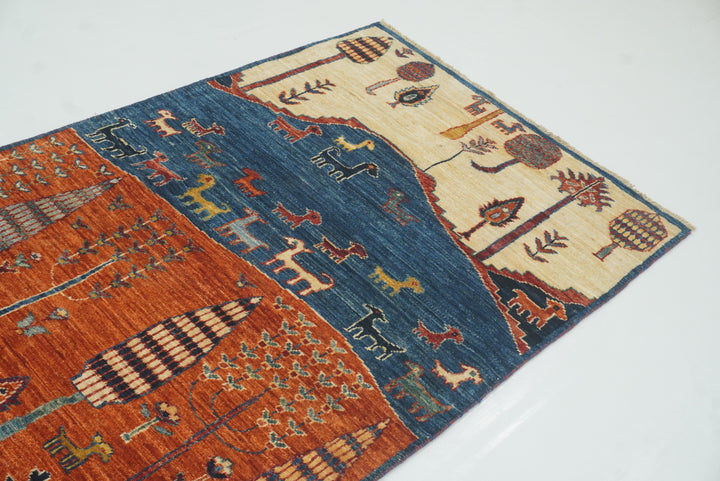 12 ft Blue Gabbeh Afghan Hand-Knotted Landscape Runner Rug - Yildiz Rugs