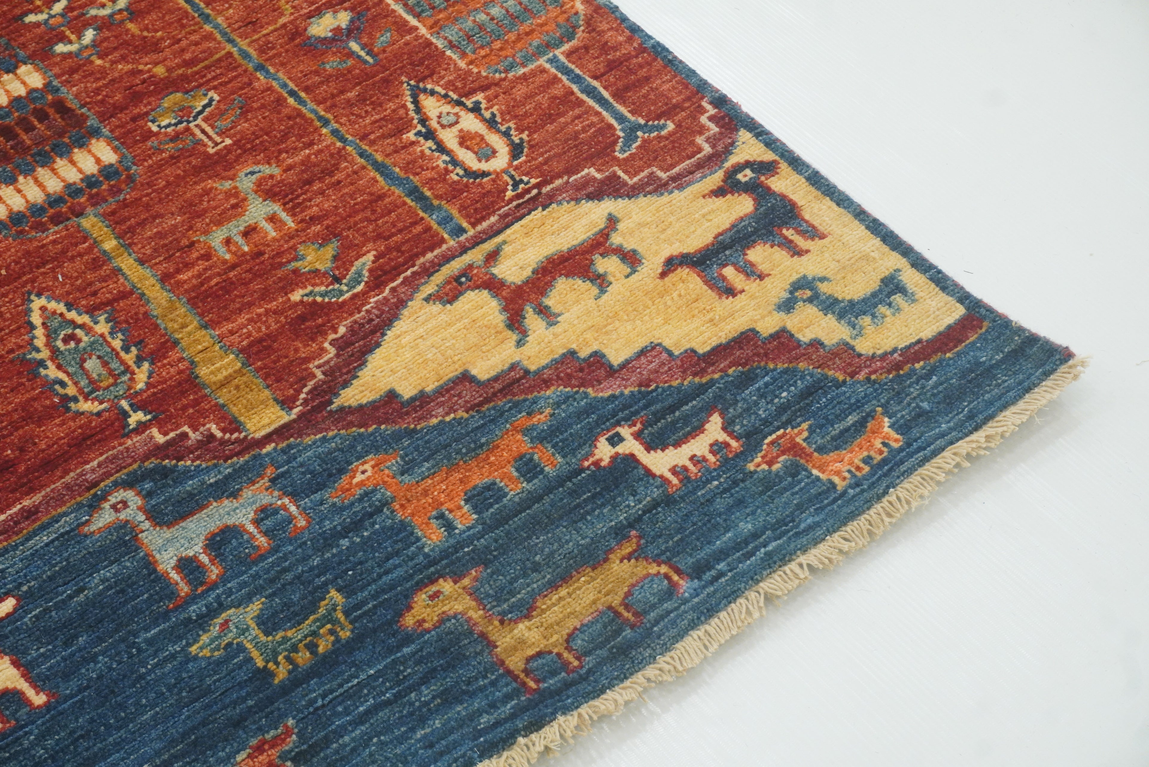 12 ft Blue Gabbeh Afghan Hand-Knotted Landscape Runner Rug - Yildiz Rugs