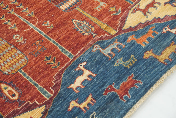 12 ft Blue Gabbeh Afghan Hand-Knotted Landscape Runner Rug - Yildiz Rugs