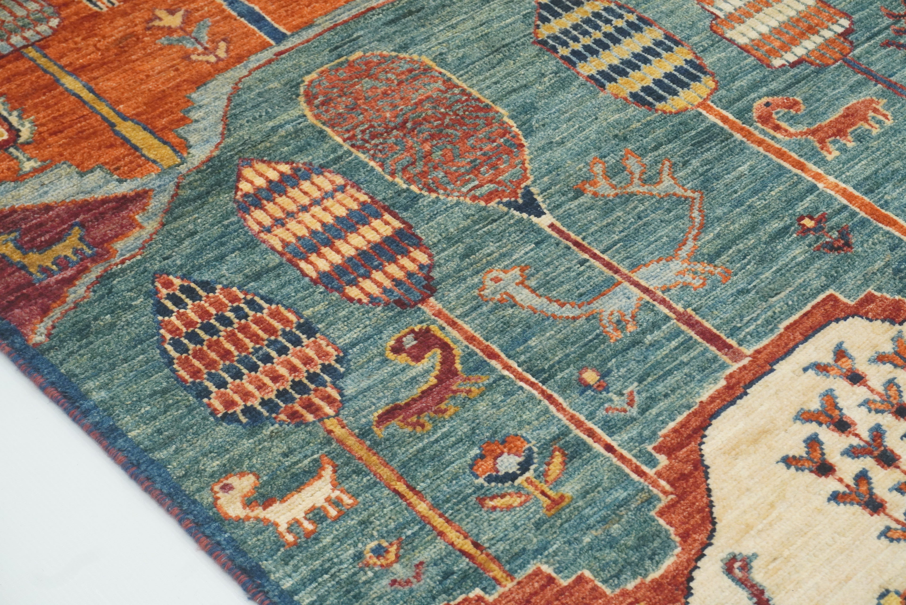 12 ft Blue Gabbeh Afghan Hand-Knotted Landscape Runner Rug - Yildiz Rugs