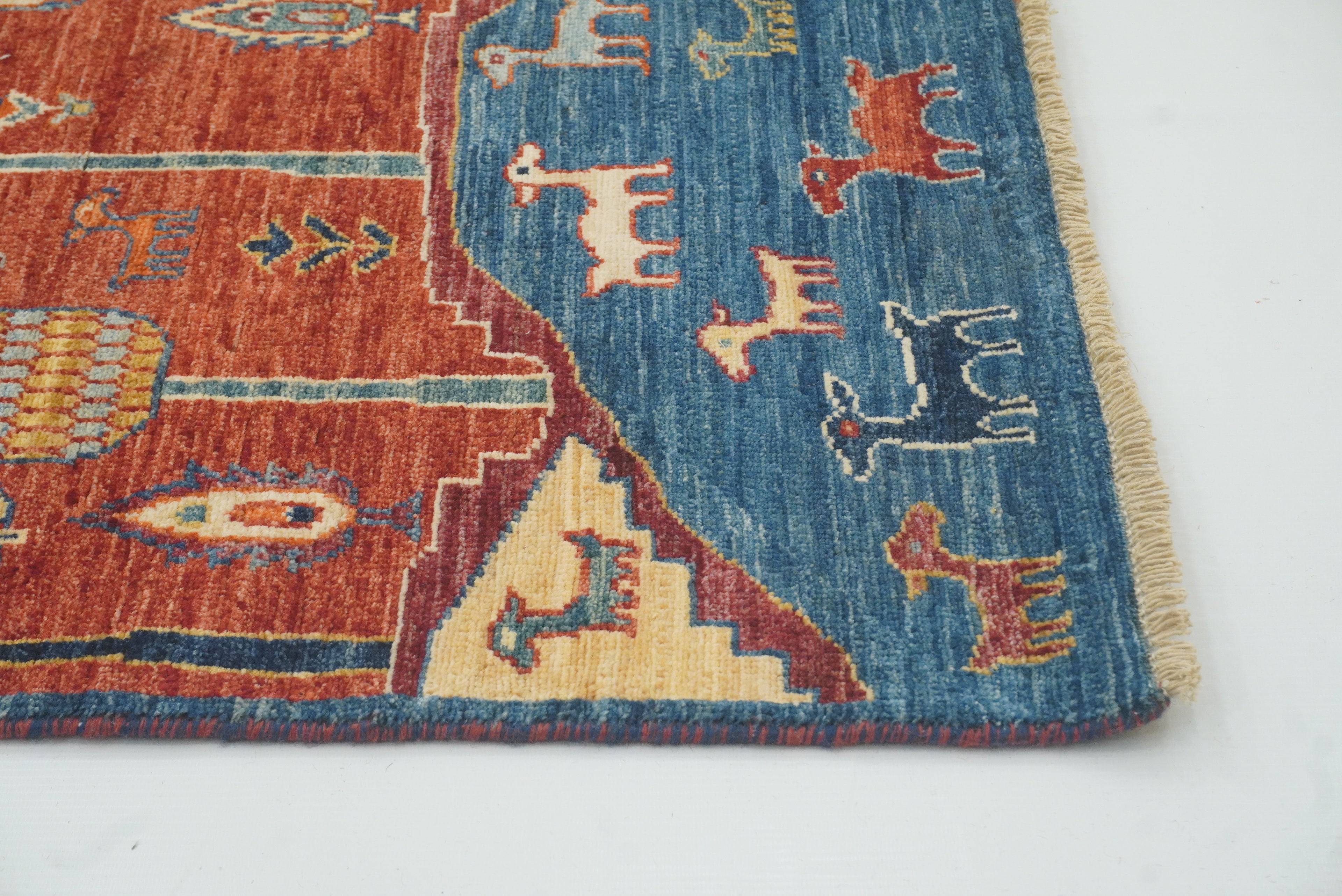 12 ft Blue Gabbeh Afghan Hand-Knotted Landscape Runner Rug - Yildiz Rugs