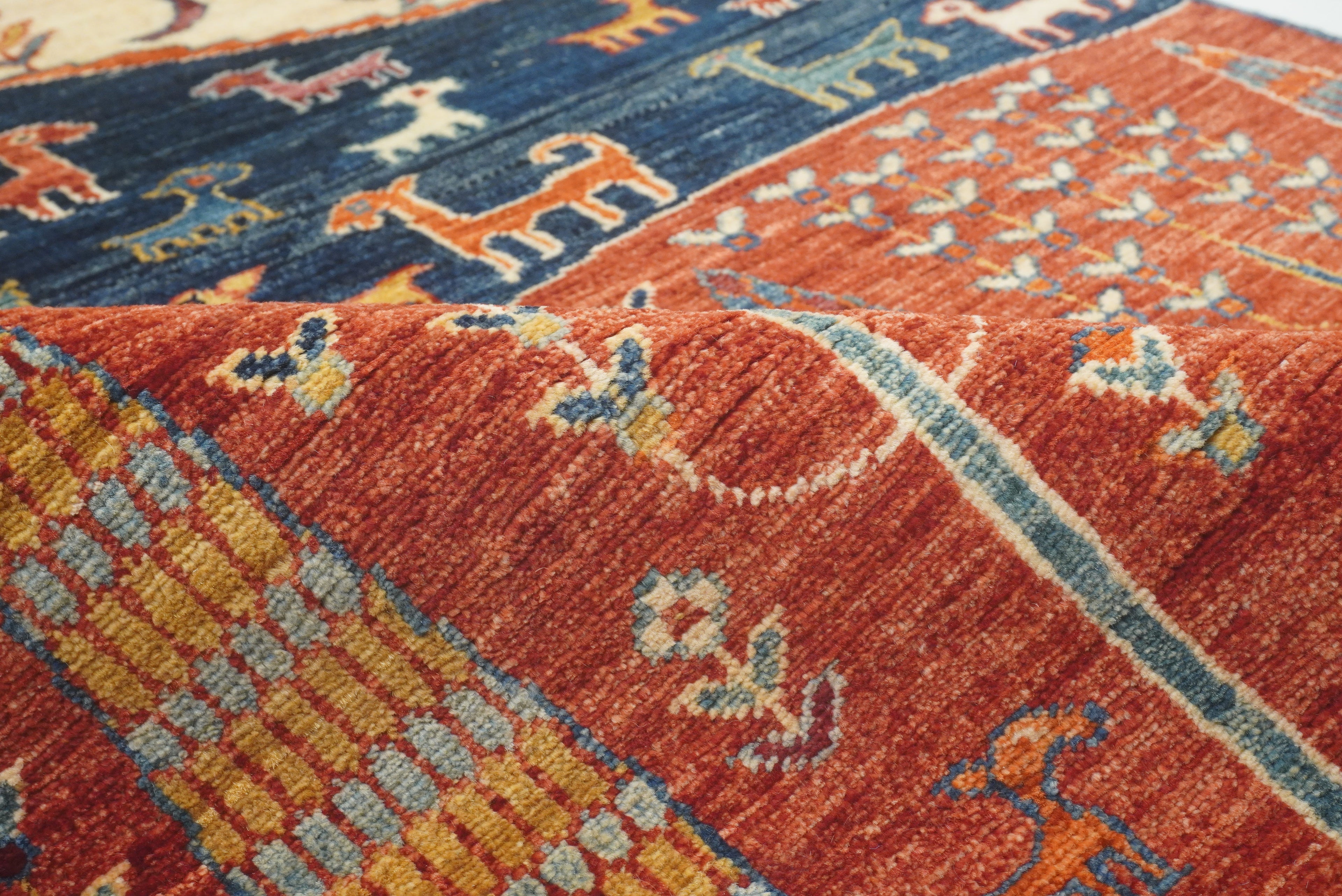 12 ft Blue Gabbeh Afghan Hand-Knotted Landscape Runner Rug - Yildiz Rugs