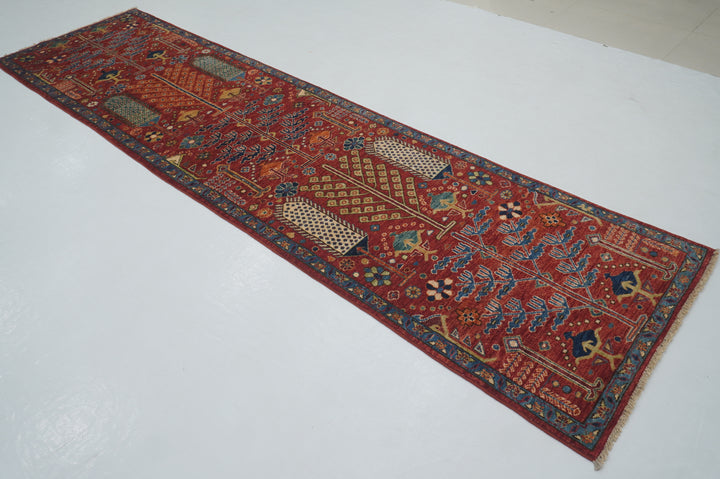 10 ft Red Afghan Bakshaish Hand knotted Wool Runner Rug - Yildiz Rugs