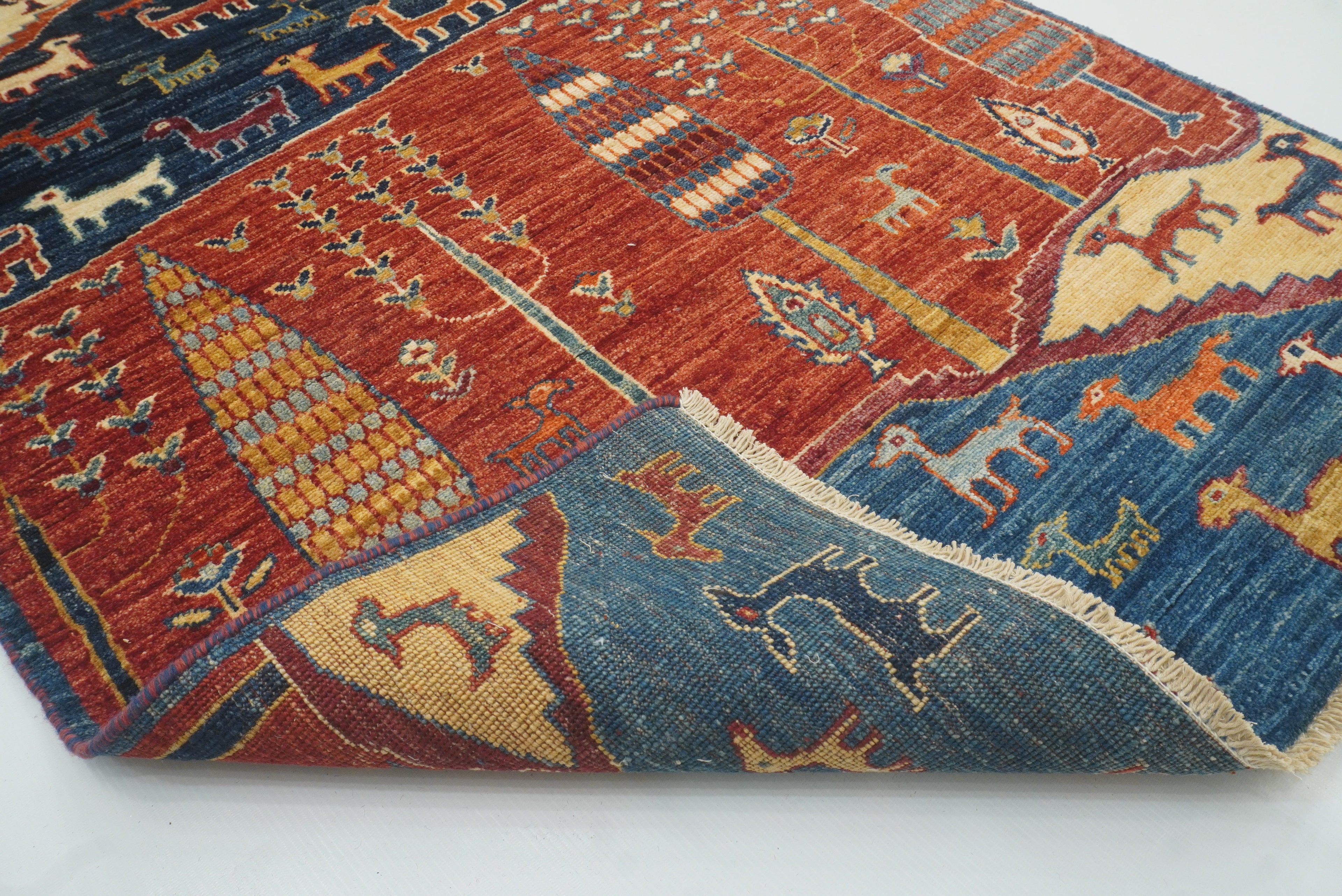 12 ft Blue Gabbeh Afghan Hand-Knotted Landscape Runner Rug - Yildiz Rugs