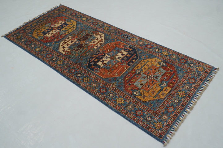 7 ft Blue Ersari Afghan Hand knotted Runner Rug