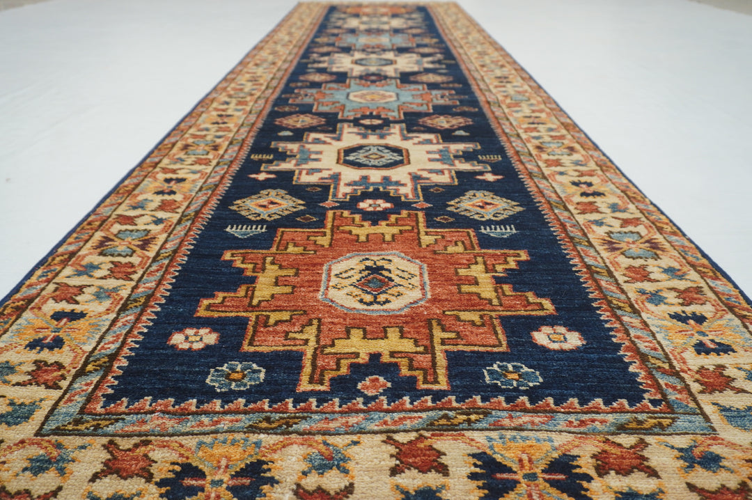 10 Ft Navy Blue Shirvan Afghan Hand knotted runner Rug - Yildiz Rugs