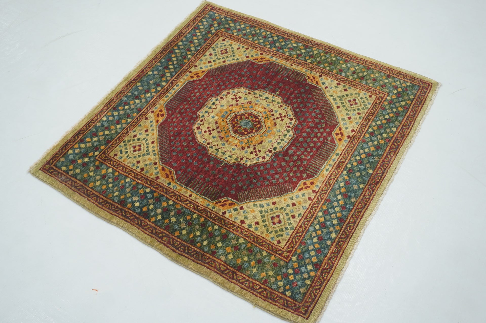 3x3 Green Mamluk Hand Knotted Square Rug