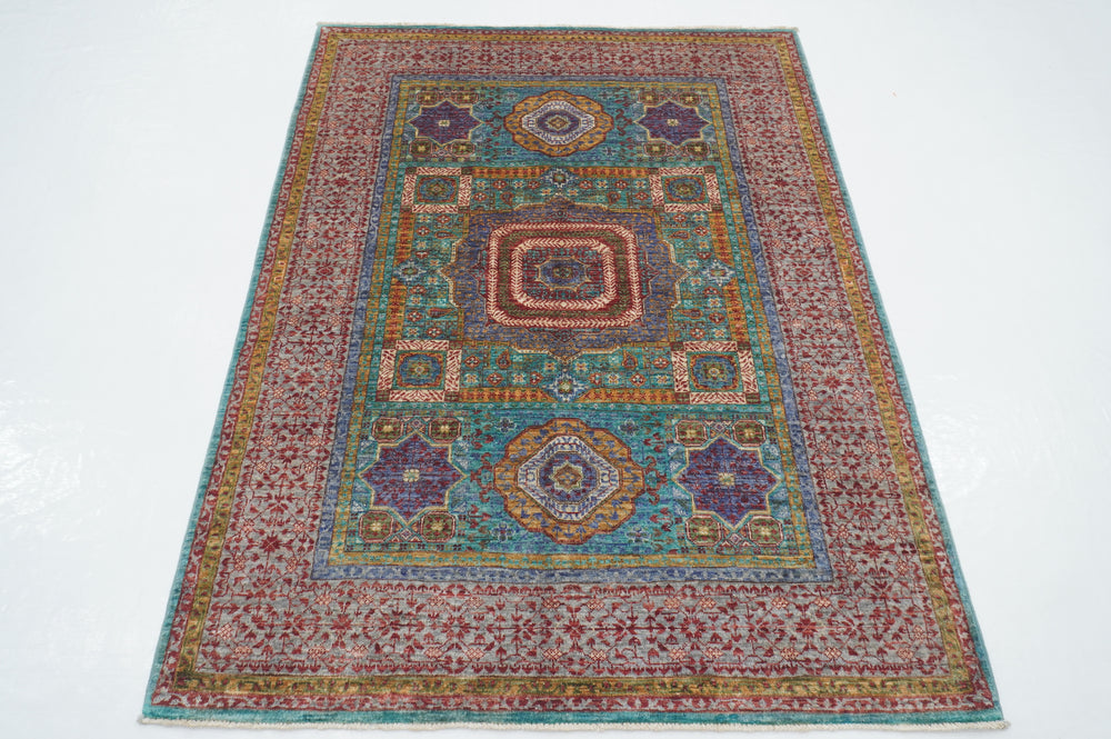 4x6 Turquoise Blue Mamluk Turkish Fine Hand Knotted Wool Medallion Rug - Yildiz Rugs