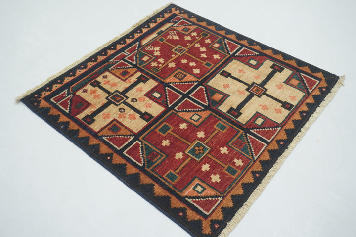 Vintage 3x3 Square Red Beige Navy Blue Afghan Hand Knotted Rug - Yildiz Rugs