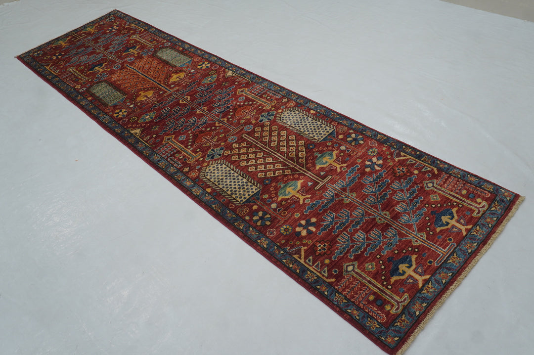 10 ft Red Afghan Bakshaish Hand knotted Runner Rug