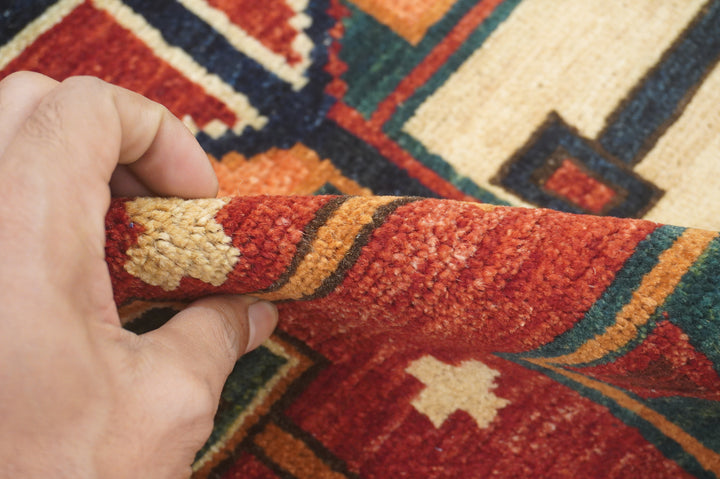 Vintage 3x3 Square Red Beige Navy Blue Afghan Hand Knotted Rug - Yildiz Rugs