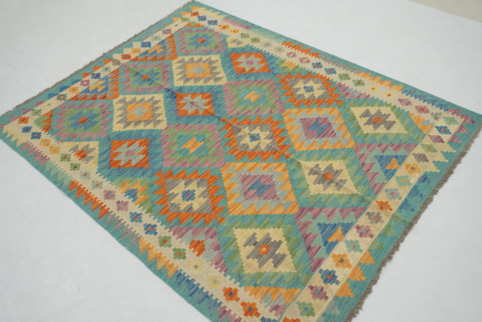 5x6 Turquoise Blue Afghan Handmade Geometric Kilim Rug