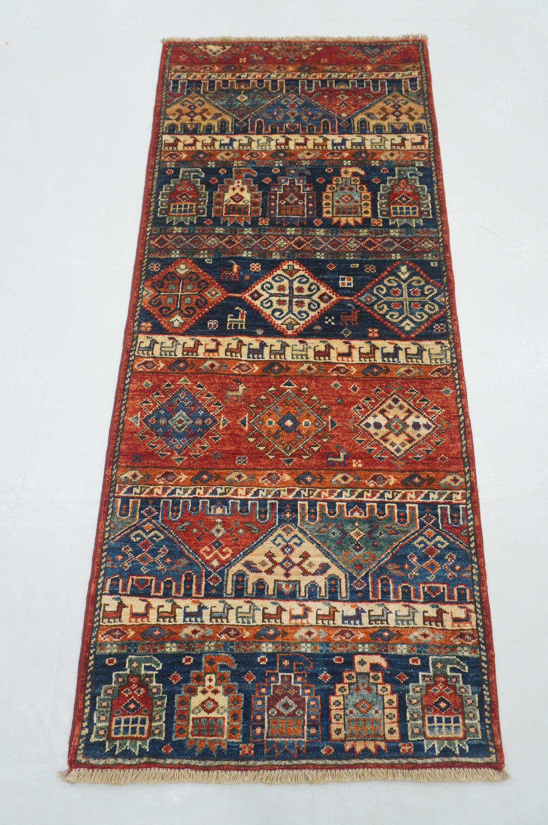 2x5 Blue Red Tribal Gabbeh Afghan Hand knotted Runner Rug - Yildiz Rugs