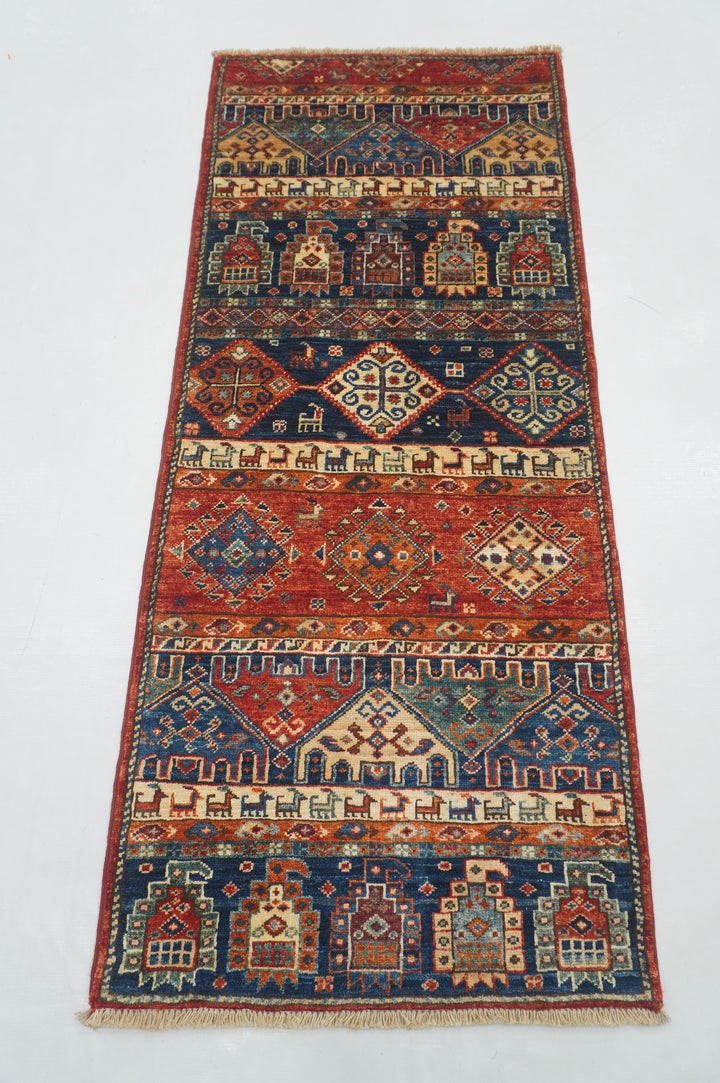 2x5 Blue Red Tribal Gabbeh Afghan Hand knotted Runner Rug - Yildiz Rugs