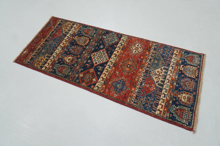 2x5 Blue Red Tribal Gabbeh Afghan Hand knotted Runner Rug - Yildiz Rugs