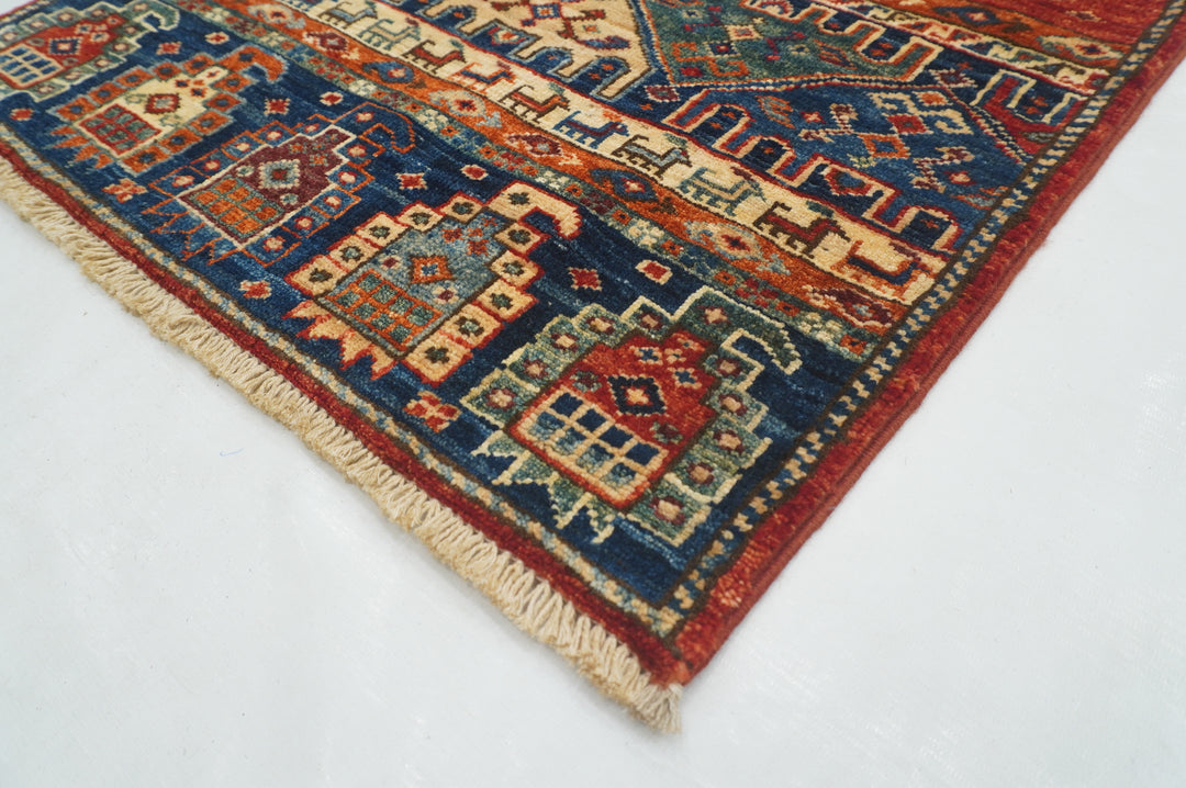 2x5 Blue Red Tribal Gabbeh Afghan Hand knotted Runner Rug - Yildiz Rugs