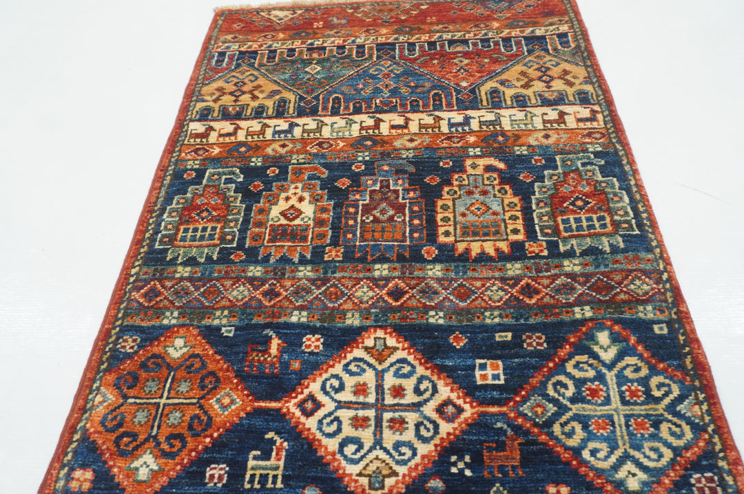 2x5 Blue Red Tribal Gabbeh Afghan Hand knotted Runner Rug - Yildiz Rugs