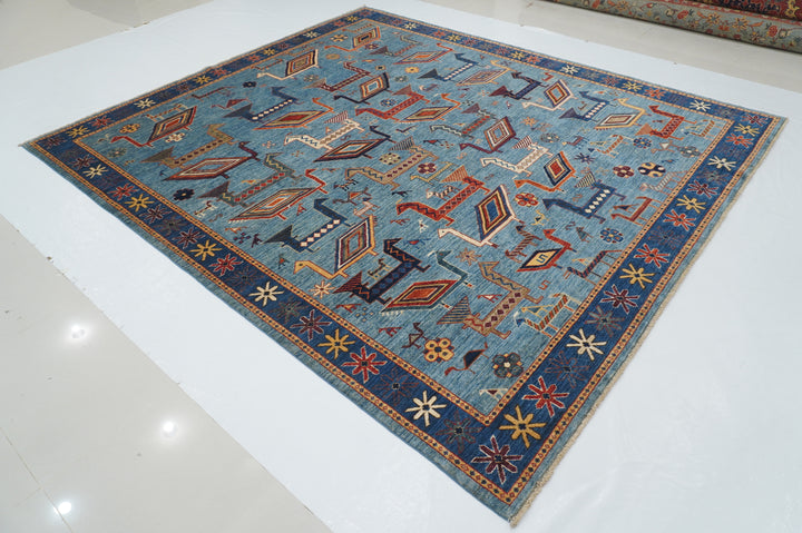 8x10 Blue Animal Gabbeh Tribal Afghan Nomadic Hand Knotted Rug - Yildiz Rugs